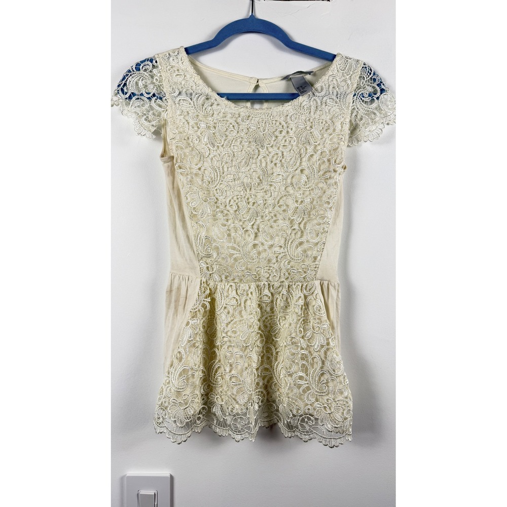 HM‎ Cream Ivory Floral Lace Peplum Top Short Sleeve Blouse XS